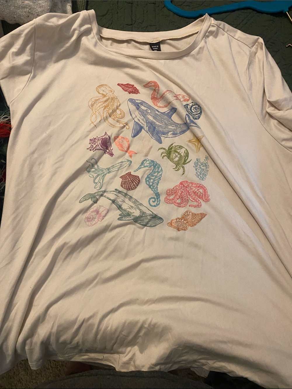 SHEIN White Short Sleeve Tee with Multicolor Ocean Graphic